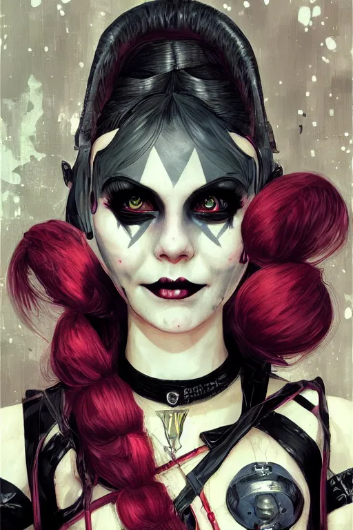 Image similar to portrait of young cute beautiful gothic Harley Quinn, cyberpunk, Warhammer, highly detailed, artstation, illustration, art by Gustav Klimt and Ilya Kuvshinov