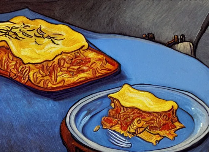 Image similar to detailed realistic realism painting of garfield eating lasagna at dusk, in the style of vincent van gogh and salvador dali and leonardo da vinci