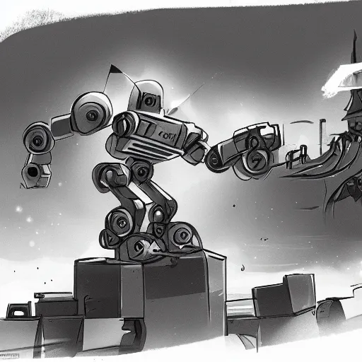 Prompt: a menacing robot furiously punching a building, concept art, highlt detailed