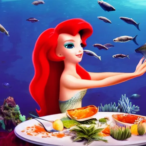 Image similar to ariel eating a fish dinner, hyper realistic, beautiful, 4 k, red hair, succulent, under water, banquet