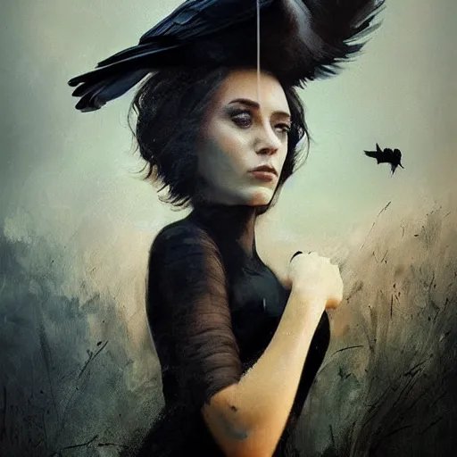 Image similar to morning, a woman in a black dress with a raven for head. sun, cinematic, clouds, vogue cover style, contracting colors mood, realistic painting, intricate oil painting, high detail, figurative art, multiple exposure, poster art, 3 d, by simon bisley, ismail inceoglu, wadim kashin, filip hodas.