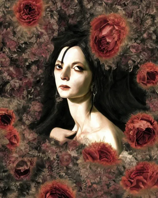 Prompt: a beautiful and eerie baroque painting of a beautiful but serious woman in layers of fear, with haunted eyes and dark hair piled on her head, 1 9 7 0 s, seventies, floral wallpaper, wilted flowers, deathly pallor, morning light showing injuries, delicate ex embellishments, painterly, offset printing technique