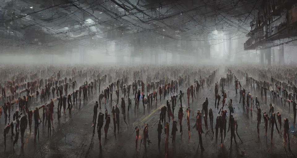 Image similar to illustration of rows of limp human bodies on display in a cold warehouse, refrigerated storage facility, rolling fog, greg rutkowski, cyberpunk, dystopian, dramatic lighting, unreal engine 5, colorful