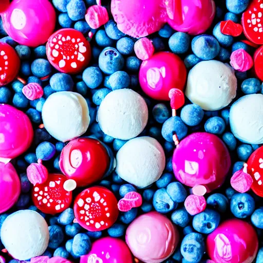 Image similar to an ocean of lollipops, ice cream and blueberries