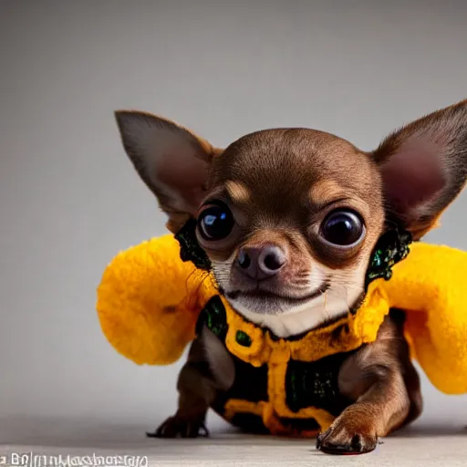 Prompt: photo of mini brown chihuahua in a bowser costume. Post processing , award winning , masterpiece , photo realistic