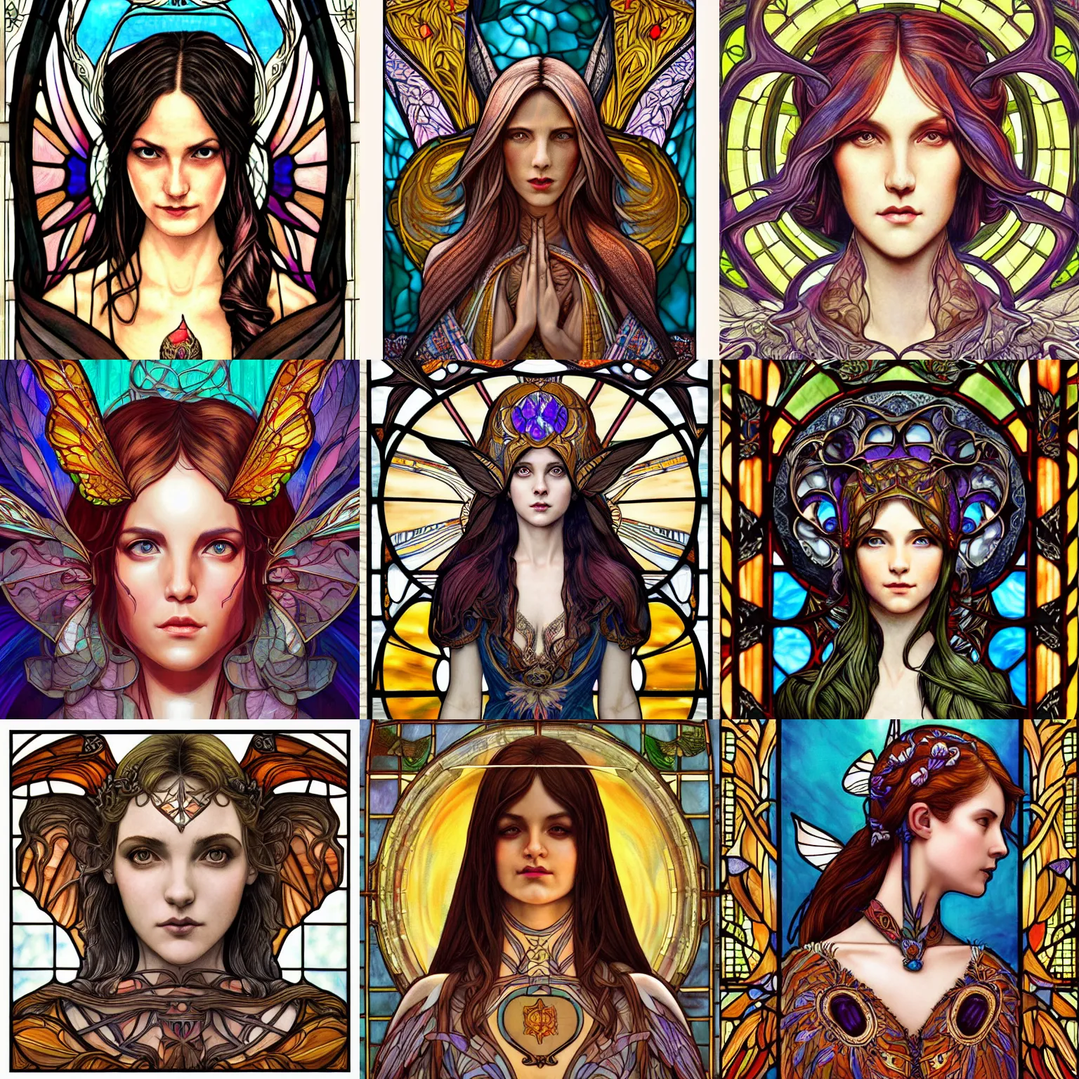 Prompt: head-on symmetrical centered painted portrait, female fae, art nouveau, tarot card style, stained glass wings, fantasy, intricate, elegant, highly detailed, smooth, sharp focus, illustration, artstation, in the style of Artgerm and Anna Podedworna and Alex Ross and Mucha