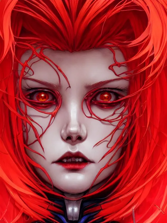 Image similar to close up picture of a red witch with exoskeleton, bored, coveted, beautiful and aesthetic, intricate, unreal engine, messy hair, highly detailed, detailed face, smooth, sharp focus, chiaroscuro, manga illustration, artgerm, greg rutkowski, ilya kuvshinov, rossdraws, alphonse mucha, young adult light novel cover art