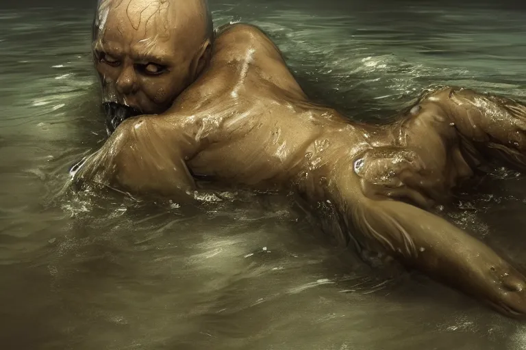 Image similar to a creepy drowned man crawling out of the water, white eyes, slimy, veiny skin, muscles, standing in shallow water, drowned, unsettling, creepy, artstation, cgsociety, illustration