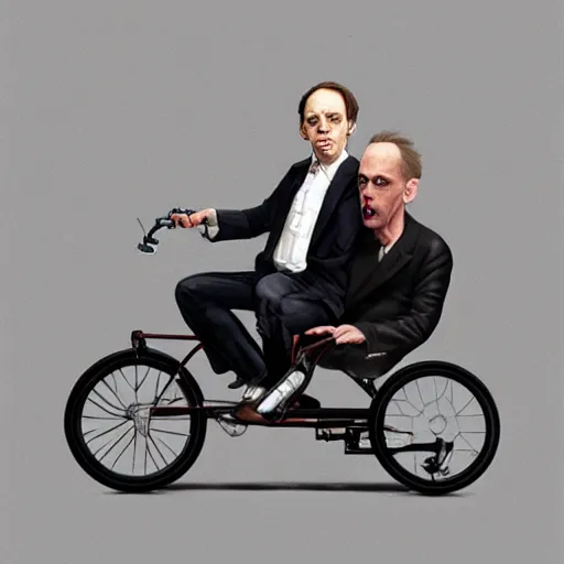 Image similar to hyper realistic absurd, silly, making insane faces, steve buscemi / john waters riding a tiny tricycle, painted by greg rutkowski, wlop, artgerm, dishonored 2, half life 2