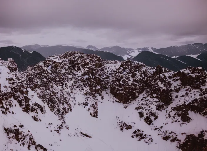 Image similar to symmetry!! a 2 8 mm macro tilt shift view of a beautiful rugged snowy mountain range, photography, film, film grain, canon 5 0 mm, cinematic lighting, golden hour, hazy,