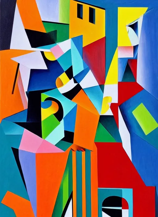 Prompt: cubist painting of a self-consuming 4d impossible building in a 4d perspective picasso room by Zaha hadid, vivid complimentary colors, complimentary colors, clear shapes, 3d, twisting, cmyk, hd, acrylic on canvas, high quality, ultra realistic, acrylic on canvas