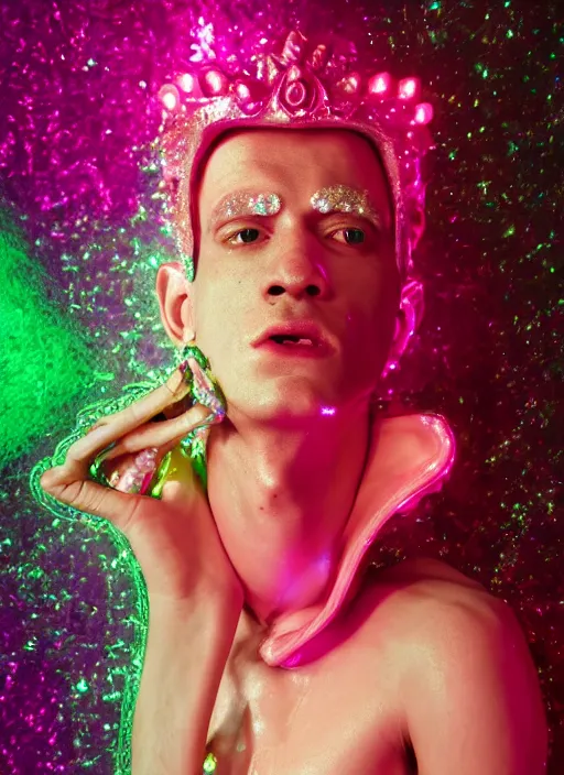 Image similar to photo of baroque and bladerunner delicate neon diamond sculpture of ceramic seductive albino prince xavier serrano delicious tongue sticking out, creamy pink iridescent humanoid deity wearing red furry hoody holding diamond skull in a green metallic dungeon, reclining, glowing rainbow face, crown of white diamonds, cinematic lighting, photorealistic, octane render 8 k depth of field 3 d