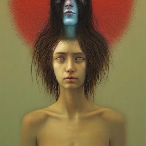 Prompt: young teen female with who is half crow, with crow's head instead of her own, painting by Beksinski