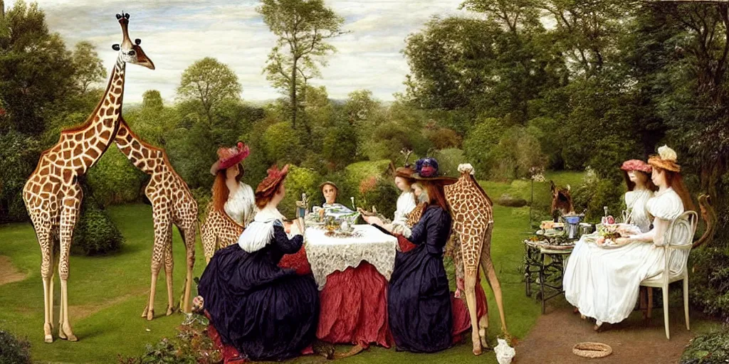 Image similar to elegant victorian tea party with giraffes in an english summer garden patio, pre - raphaelite - h 7 6 8