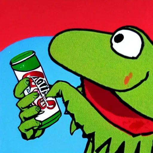 Image similar to kermit the frog chasing a soda can in the style of muppets by jim hansen