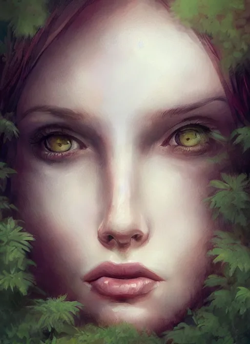 Image similar to girl lying in forest, face close up, art by charlie bowater