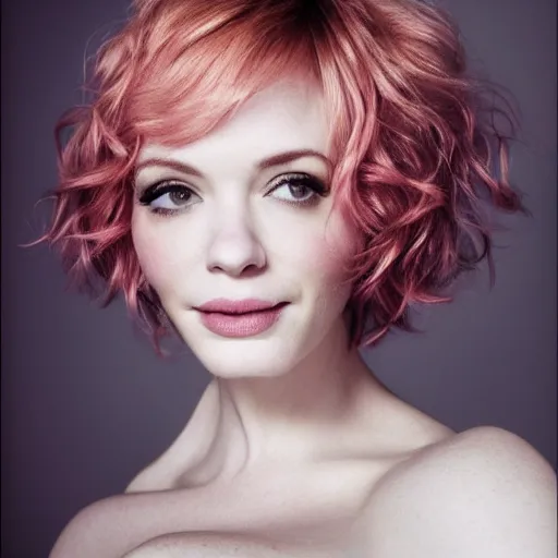 Prompt: portrait of a beautiful Christina Hendricks with pink pixie cut hairstyle by Mario Testino (1980), close up, detailed, award winning, Sony a7R