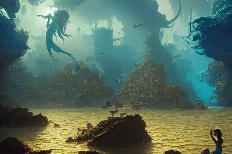 Prompt: a beautiful painting of the lost city of Atlantic city under water, ray of sunlight, mermaid in distance, Greg Rutkowski, Moebius, Mohrbacher, Mucha, blue and gold color scheme