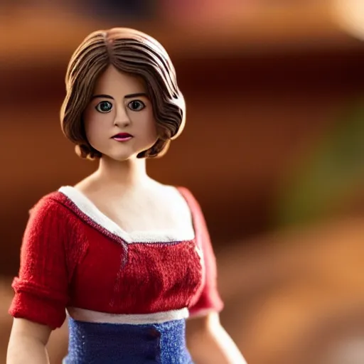 Prompt: jenna coleman figurine by pixar sad bokeh on wooden table.