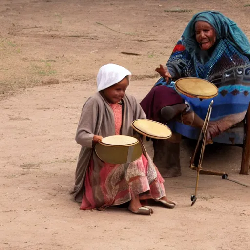 Prompt: a babushka playing drums while sitting on a wildebeest