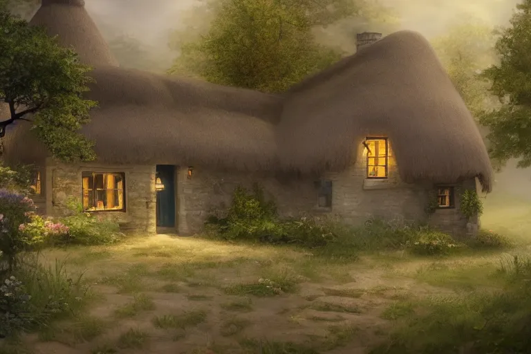Prompt: a beautiful matte painting of a little cottage, trending on artstation, 8 k