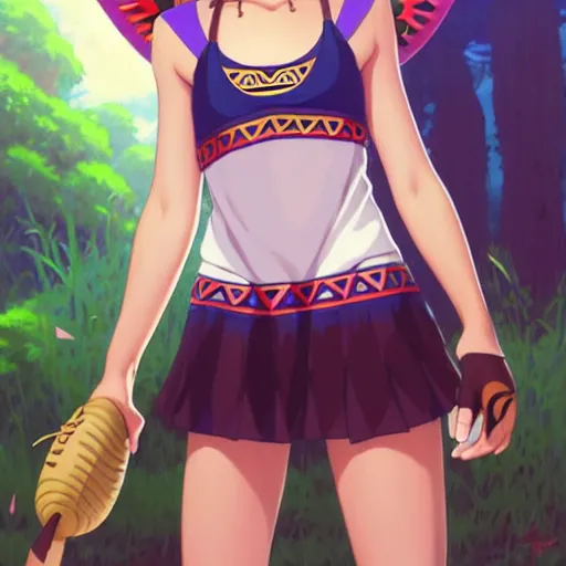 Image similar to beautiful boyish natalie portman gravure model in majora's mask, wearing wooden mask and baseball cap and leotard, street wear with subtle mayan patterns, aztec bathing suit, gapmoe yandere grimdark, trending on pixiv fanbox, painted by greg rutkowski makoto shinkai takashi takeuchi studio ghibli, akihiko yoshida