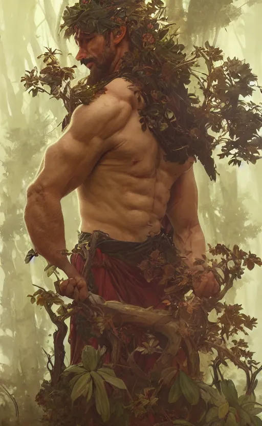 Image similar to god of the forest, 3 0 years old, rugged handsome, male, gorgeous, detailed face, clean lines, cinematic light, amazing, full body, flowers, muscular, intricate, highly detailed, digital painting, artstation, concept art, sharp focus, illustration, art by greg rutkowski and alphonse mucha