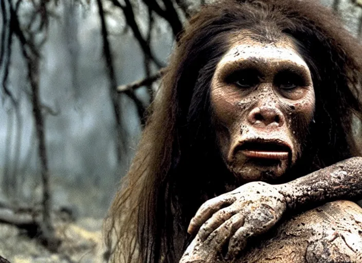 Prompt: attractive neanderthal woman covered in mud, movie still, from the movie quest for fire, 8 k, realistic