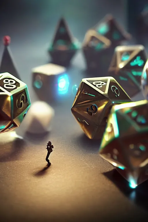 Image similar to closeup, of one futuristic sci-fi Twenty sided dice, in the background are players at a table that are in high tech still suites, with masks, bokeh, sharp focus, intricate concept art, highly detailed, 8k, cinematic, sharp focus