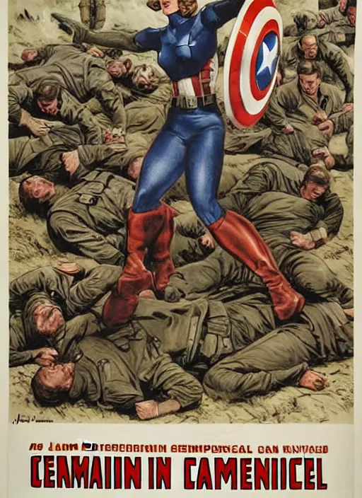 Image similar to female captain america standing on a pile of defeated german soldiers. female captain america wins wwii. american wwii propaganda poster by james gurney