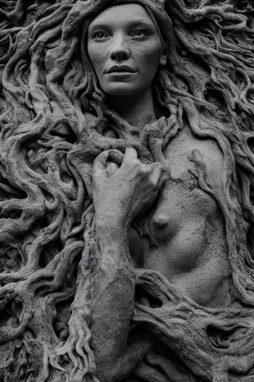 Image similar to beautiful stone woman, lava flowing, exotic trees, bare bark, dark eyes, low angle mist, high octane, frostbite, 8 k, cinematic, 3 5 mm