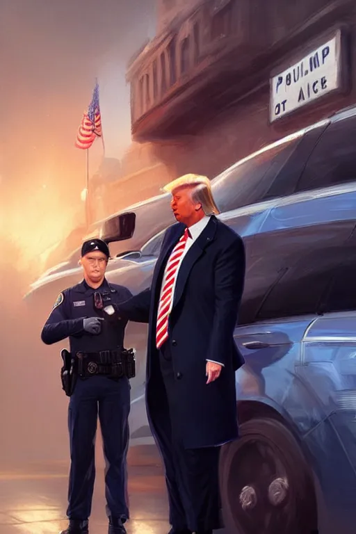 Image similar to donald trump being handcuffed by a police officer front of a police car, elegant, real life skin, intricate, high detailed, artstation, concept art, smooth, sharp focus, art by artgerm and greg rutkowski