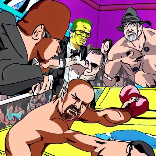 Prompt: saul Goodman oil wrestling walter white anime style