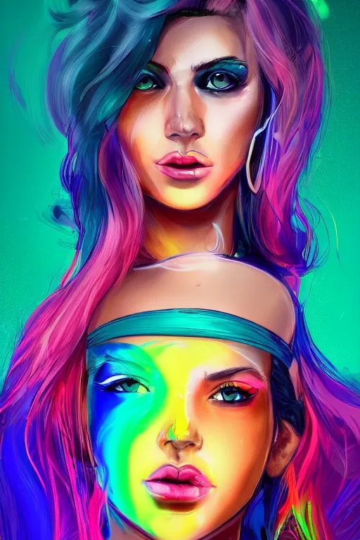 Image similar to a award winning portrait of a beautiful woman with stunning eyes in a one off shoulder crop top and cargo pants with rainbow colored hair, outlined by whirling illuminated neon lines and fine lines swirling in circles by greg tocchini, digital art, trending on artstation