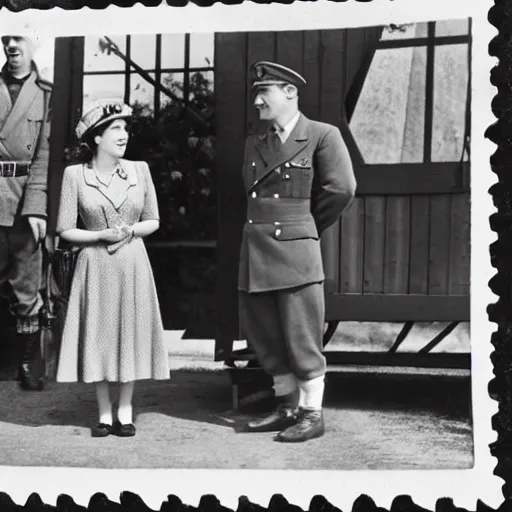 Prompt: 1 9 4 6 historical photo 1 3 5 mm of a single german general and a young queen elizabeth, a cute corgi watches, french village interior, highly detailed, sharp focus, symmetrical face