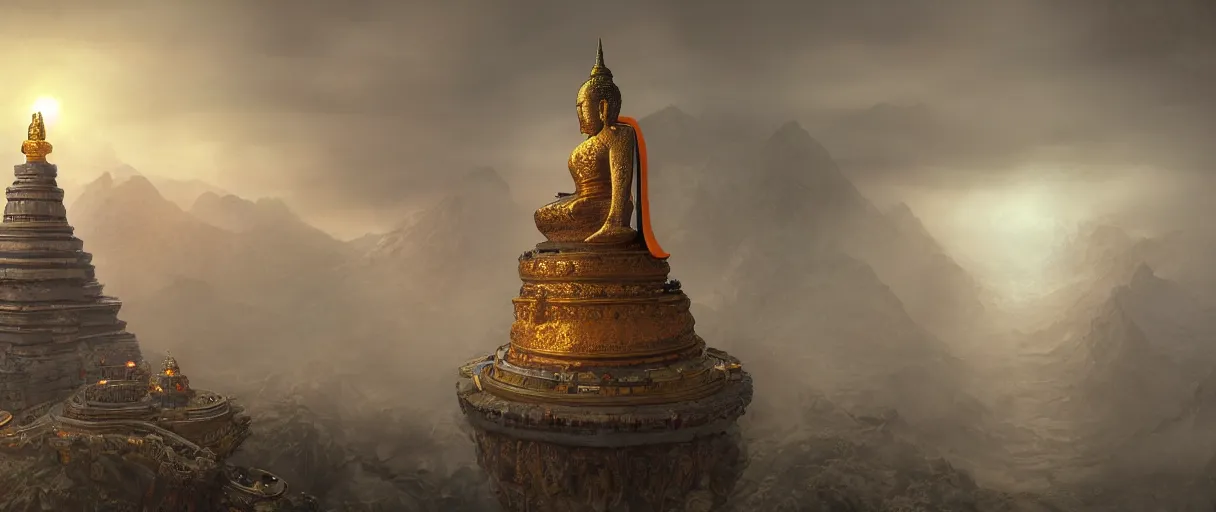 Prompt: a single detailed robotic buddha with an orange robe, mystic atmosphere, a detailed metallic temple on a misty mountain, shiny reflections, high detailed robotic airships, volumetric fog, perspective painting, atmospheric shot, cinematic establishing shot, in the style of greg rutkowski, in the style of james gurney, artstation, unreal engine, maya