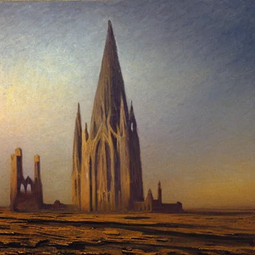 Image similar to Landscape painting of a sand castle in a foggy desert in the evening. Gothic architecture. The sun sets. Warm colors. Dark bright effect. Oil on canvas by Caillebotte and Albert Bierstadt and Ernst Haeckel and James Jean. Very detailed drawing, with a deep sense of composition. The style of the painting is delicate and slightly drawn.