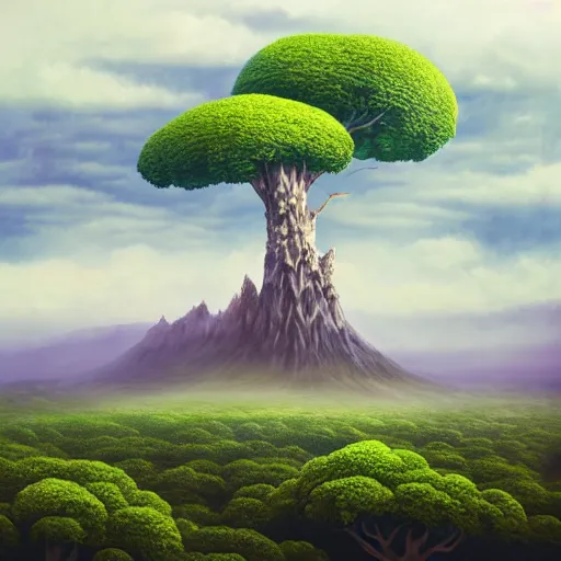 Image similar to epic view of a mountain range floating in the sky on a cloud, surreal landscape, Joe Fenton, broccoli trees, spinach forest, dusky, foggy lighting, realistic