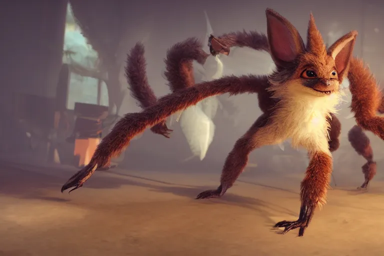 Image similar to The fluffiest little scary creature in the world, hybrid from scorpion spider caracal , fullbody, oil painting, exoskeletton, zootopia, volumetric light, unreal 5, DAZ, hyperrealistic, octane render, RPG portrait, dynamic lighting, fantasy art, beautiful face