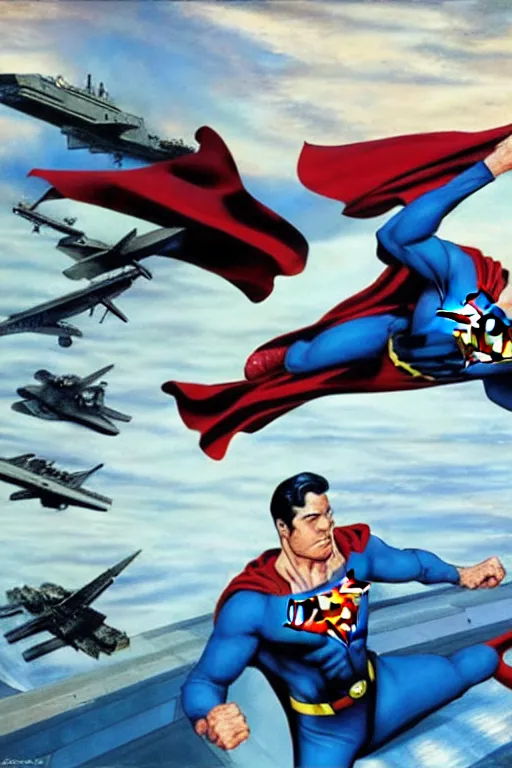 Image similar to full page illustration of superman tearing apart an aircraft carrier, by alex ross, phil hale,