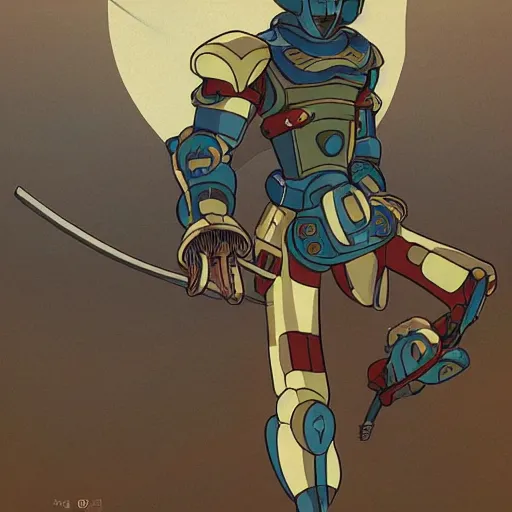 Image similar to A cell animation of a robot samurai, Nausicaa of the Valley of the Wind, Miyazaki Hayao, ghibli style, illustration, anime, trending on artstaion