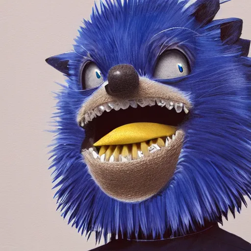 Image similar to anthropomorphic blue hedgehog with human teeth, studio portrait