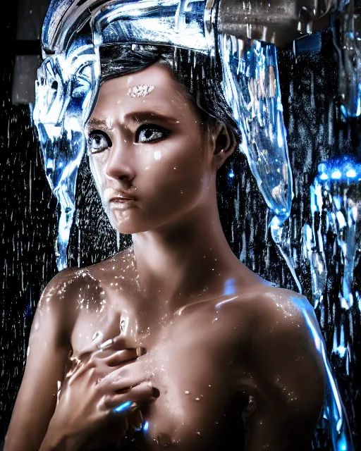 Image similar to photo of female dancer as a cyberpunk mecha humanoid robotic head shoulder parts with straight bright led lights, under a waterfall, wet skin with water dripping down face, photorealism, ultra - realistic and detailed, 8 k