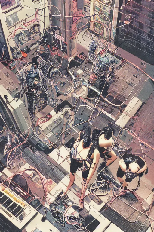 Image similar to a hyper-detailed cyberpunk magazine cover illustration of a group of four female androids' body pieces with cables and wires coming out, lying scattered over an empty floor, by masamune shirow and katsuhiro otomo, seen from above, japan 1980s