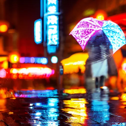 Prompt: a moody 2 0 0 mm shot of an umbrella in a rainy tokyo night, neon lights, photography