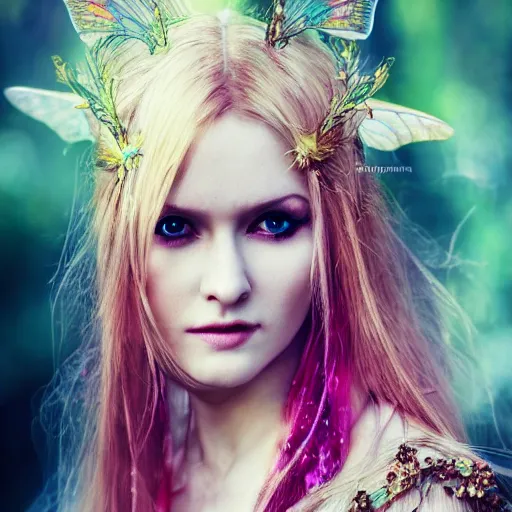 Image similar to a beautiful female human warlock portrait, focus on face, sharply focussed, brightly colored, dress, long blonde hair, fairy, fae, fantasy, medieval, still, photograph, highly detailed, trending on artstation, cinematic, dramatic