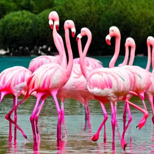 Image similar to ten melting pink flamingos in the style of Dali