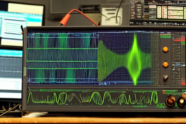 Prompt: an oscilloscope shaking a sound wave, wiggling a weasel, a stoat sinusoid spectacle : the wiggle and the wave