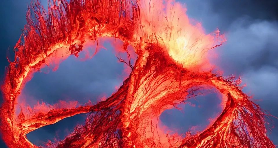 Image similar to a volcano made of ivory vines and crimson rocks enters in eruption, it spits a smoke in the shape of demonic eye, by Jason De Graaf