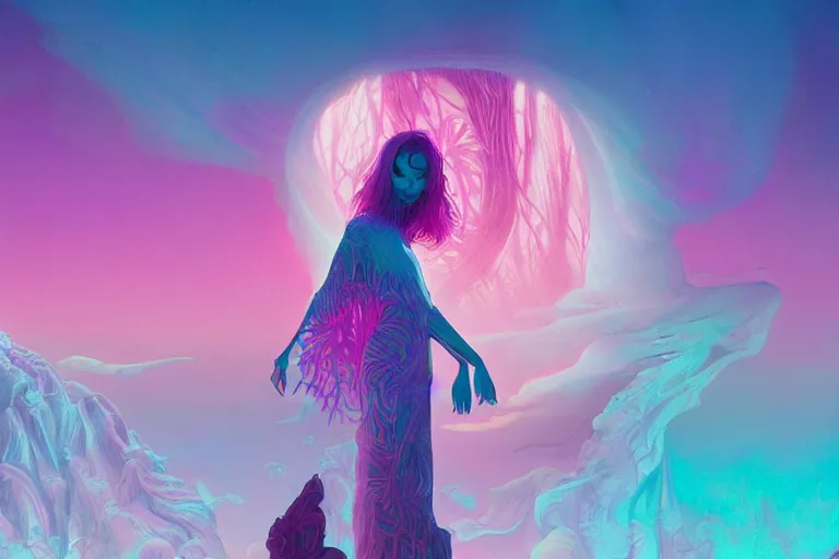 Image similar to muted vaporwave ombre. double exposure, druid of creativity, beautiful character fashion design, by josan gonzalez and paul lehr and david heskin and seb mckinnon and jared s. merantz and alex grey, hi - fructose, 8 k, digital matte painting